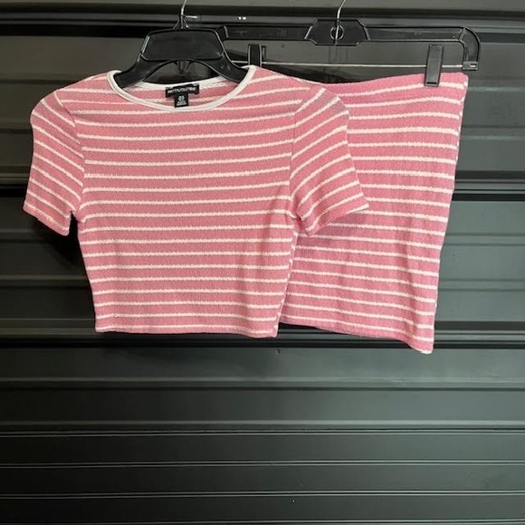 Pink White Striped Crop Top & Skirt Set Mini Knit Casual Women's Two Piece - Picture 1 of 4